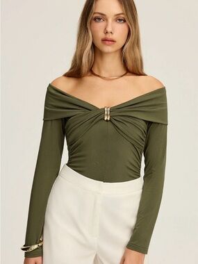 COMMENSE Metal Detail Off-Shoulder Long Sleeve Top, Size XL, NWT